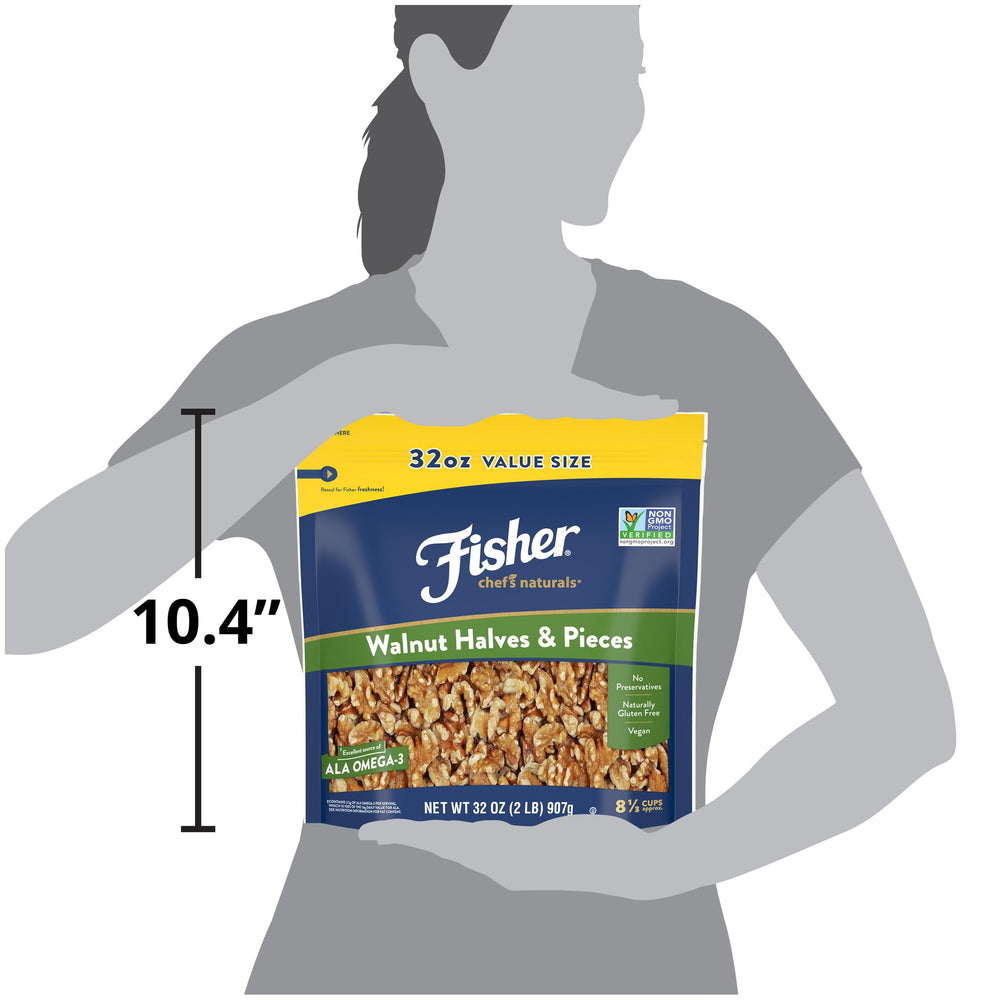 Fisher Chef's Naturals walnut halves and pieces for protein-rich snacking.