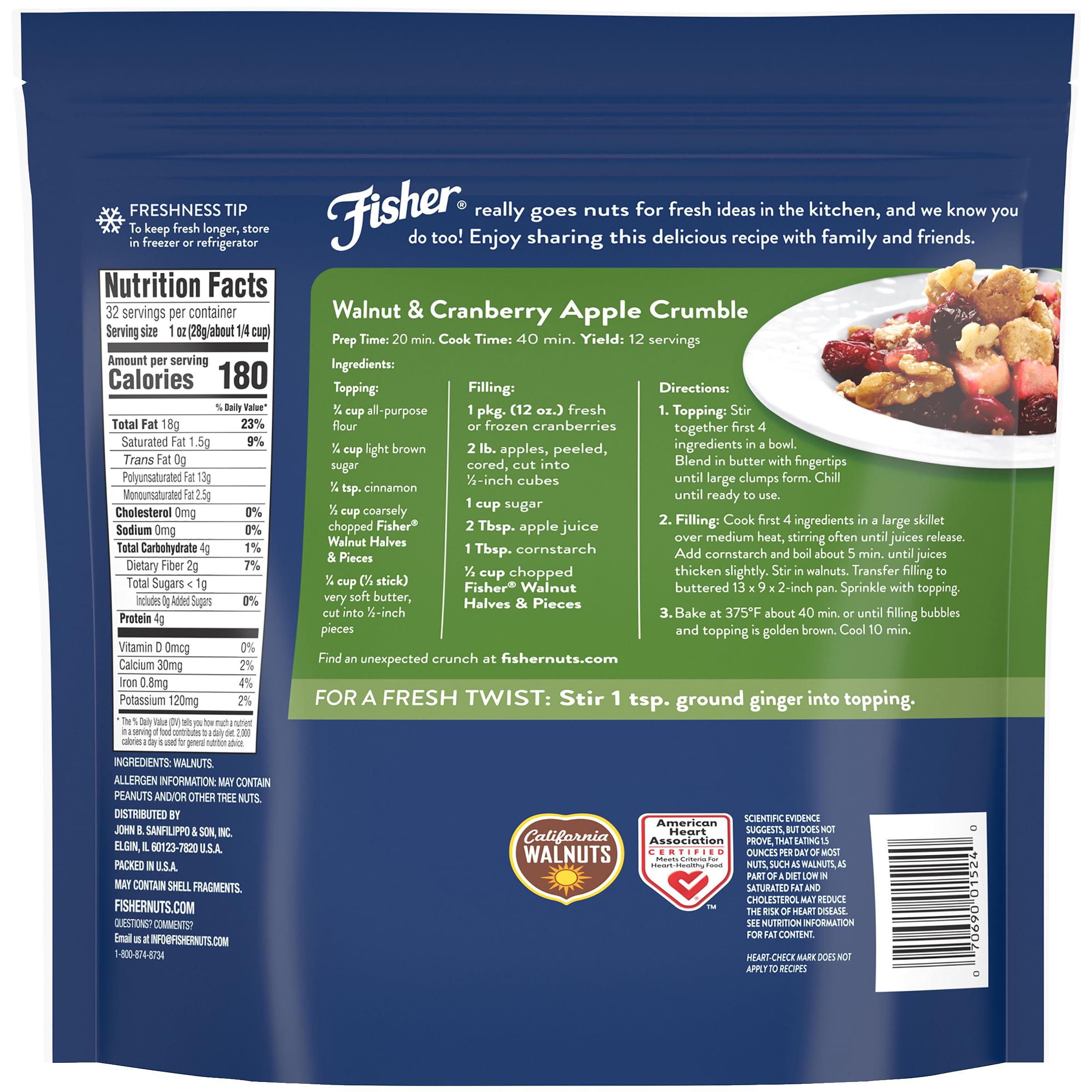 Fisher Chef's Naturals California walnuts are unsalted and ready to snack.