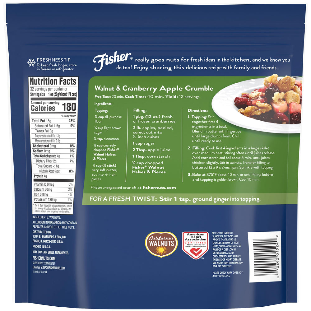 Fisher Chef's Naturals California walnuts are unsalted and ready to snack.