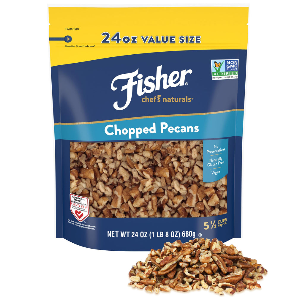 Fisher Chef's Naturals unsalted chopped pecans in front bag, perfect for snacking