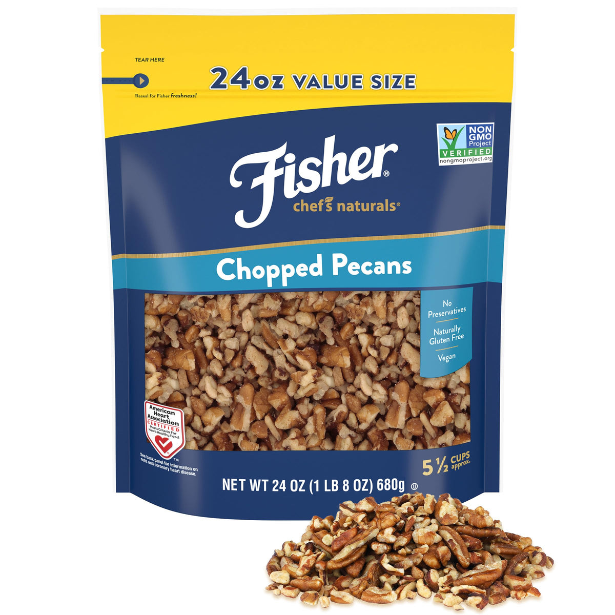 Fisher Chef's Naturals unsalted chopped pecans in front bag, perfect for snacking