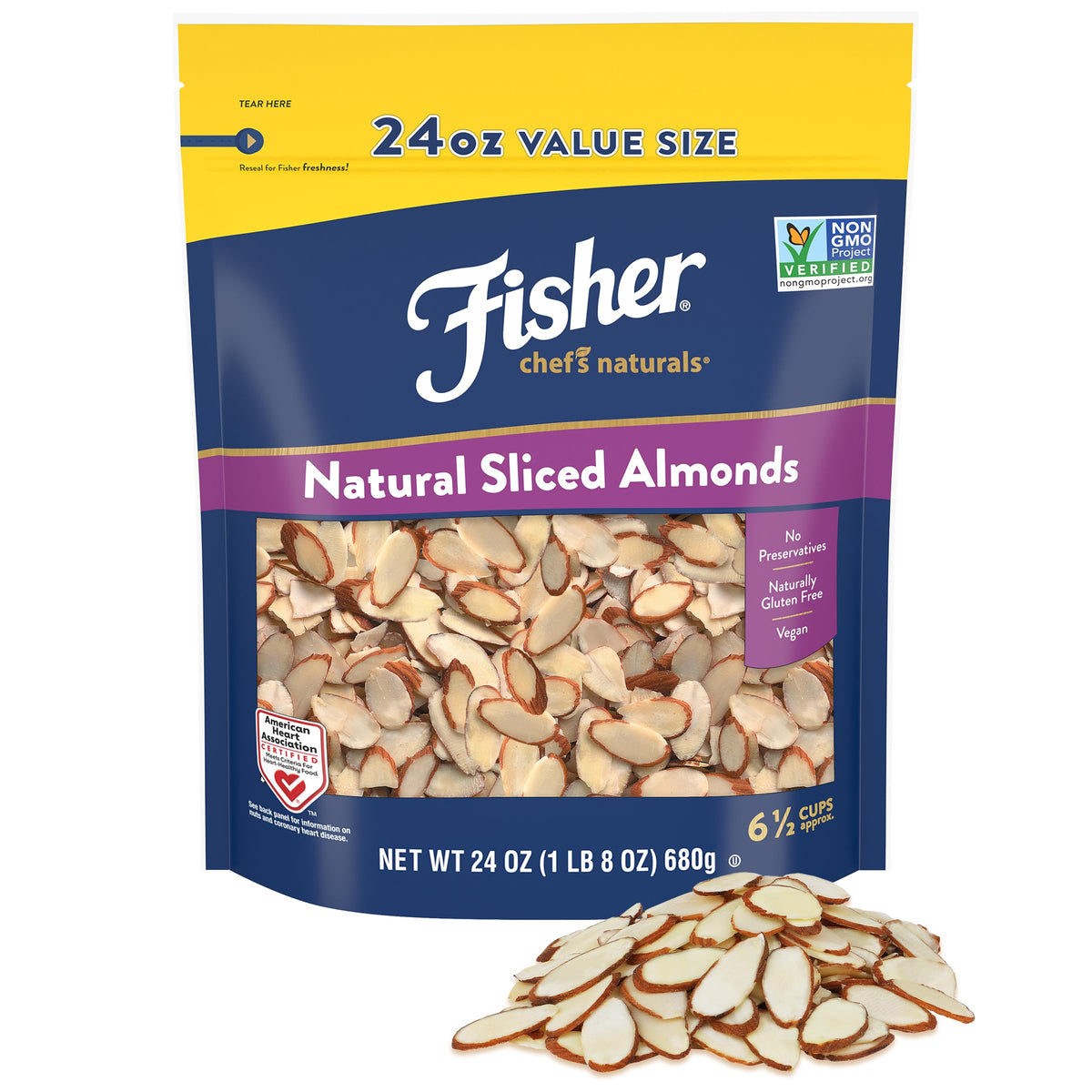 Fisher Chef's Naturals unsalted sliced almonds in 24oz bag for baking and snacking.