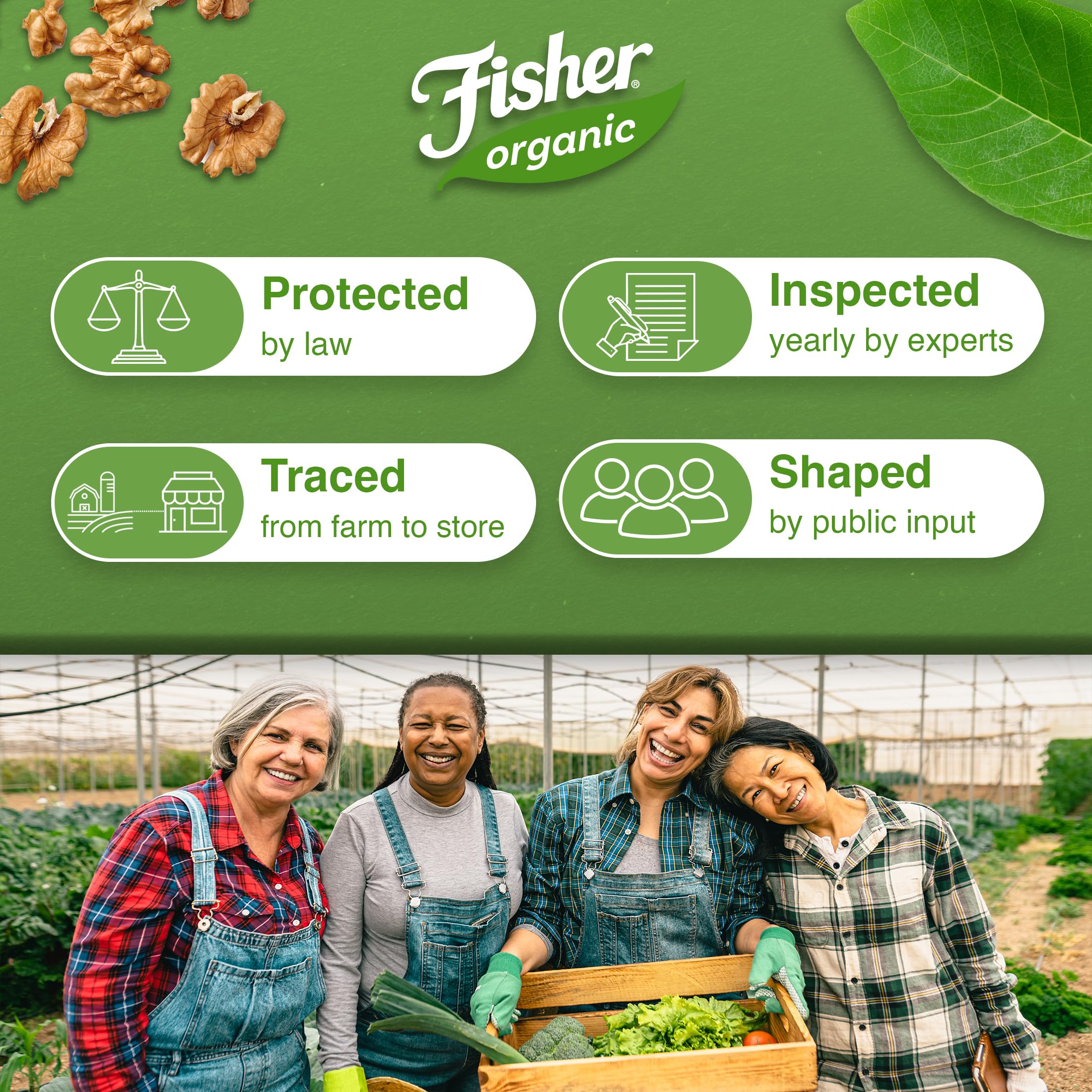Unsalted Fisher Chef's Naturals walnuts close-up showing natural flavor