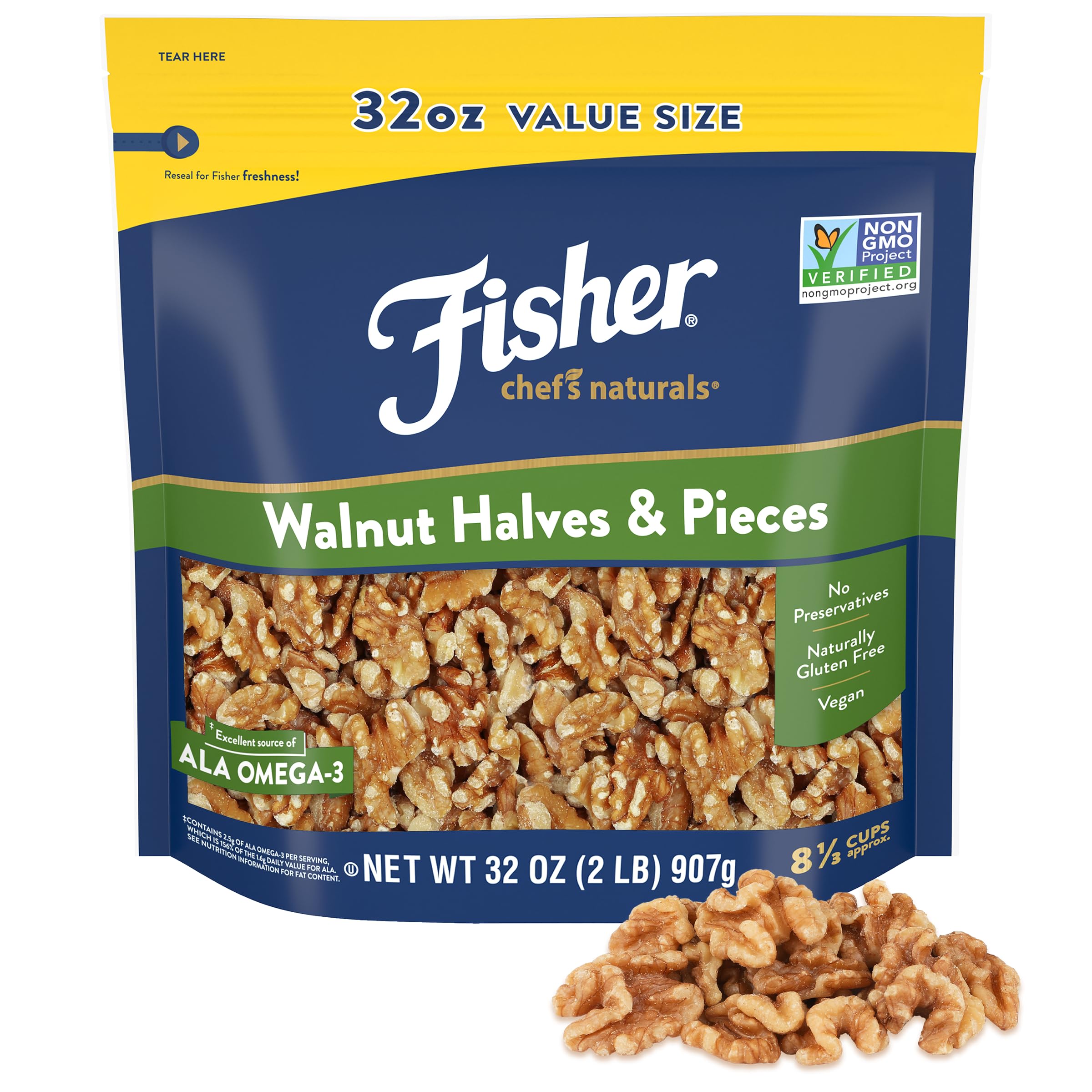 Fisher Chef's Naturals walnut halves in a resealable bag, perfect for baking.