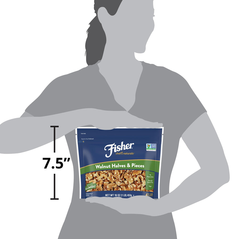 Non-GMO gluten-free labeling on Fisher walnuts for dietary transparency.