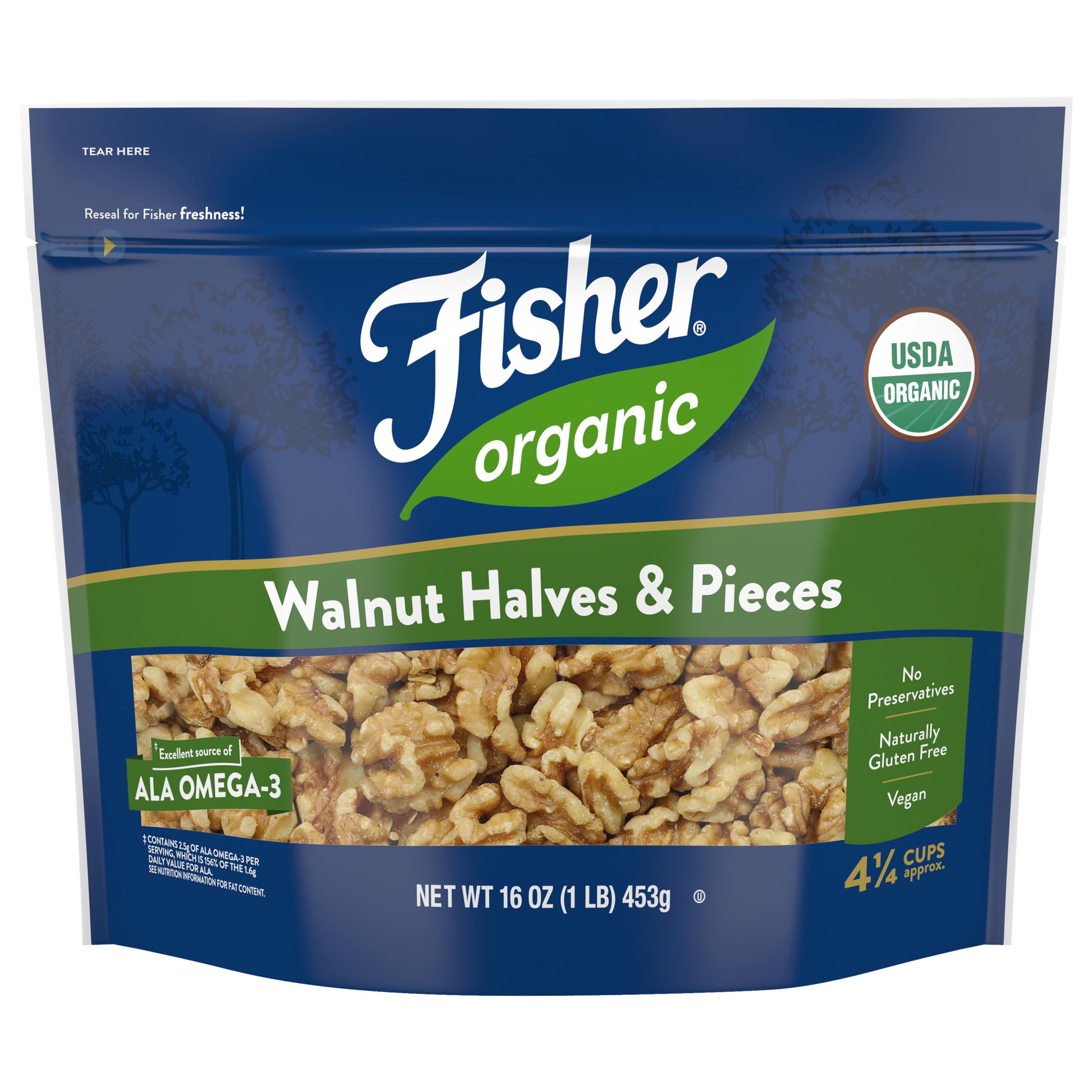 Fisher Chef's Naturals walnuts in front-pack view ready for snacking or baking