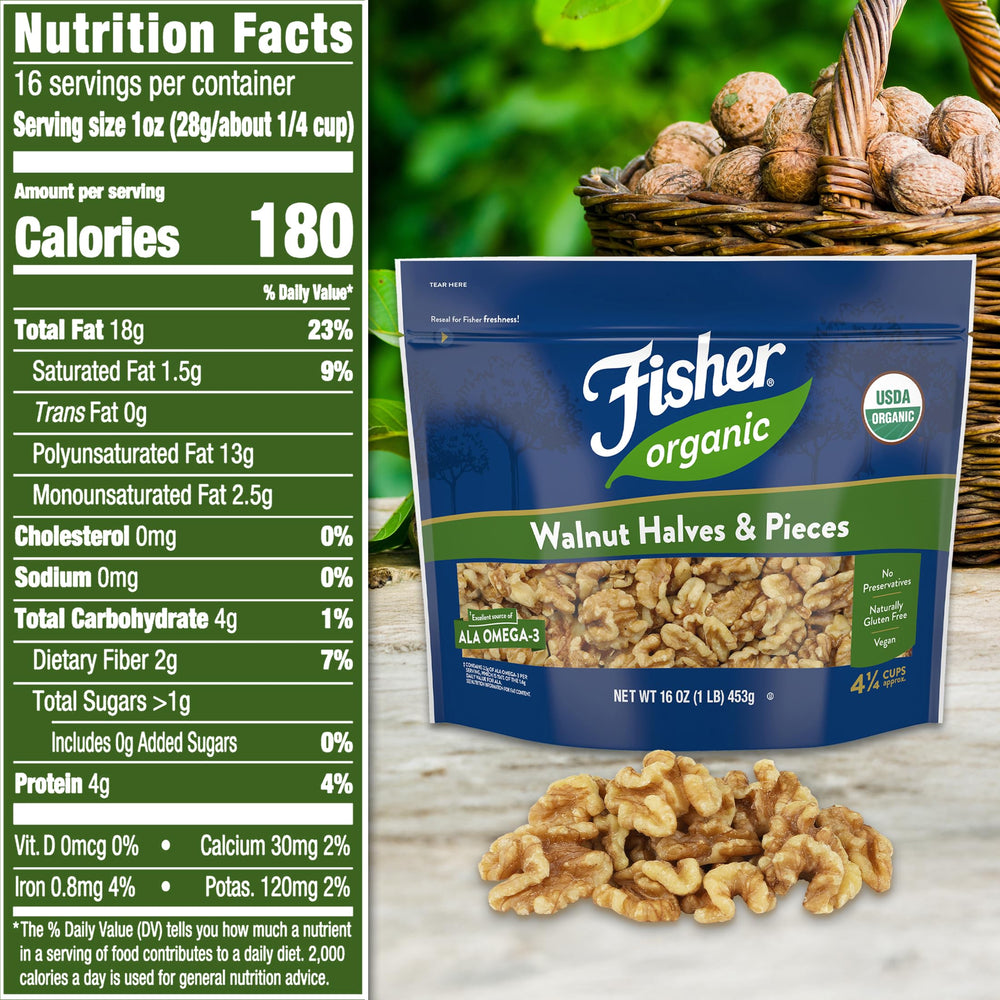 Fisher Chef's Naturals walnuts halves and pieces ideal for granola and baking