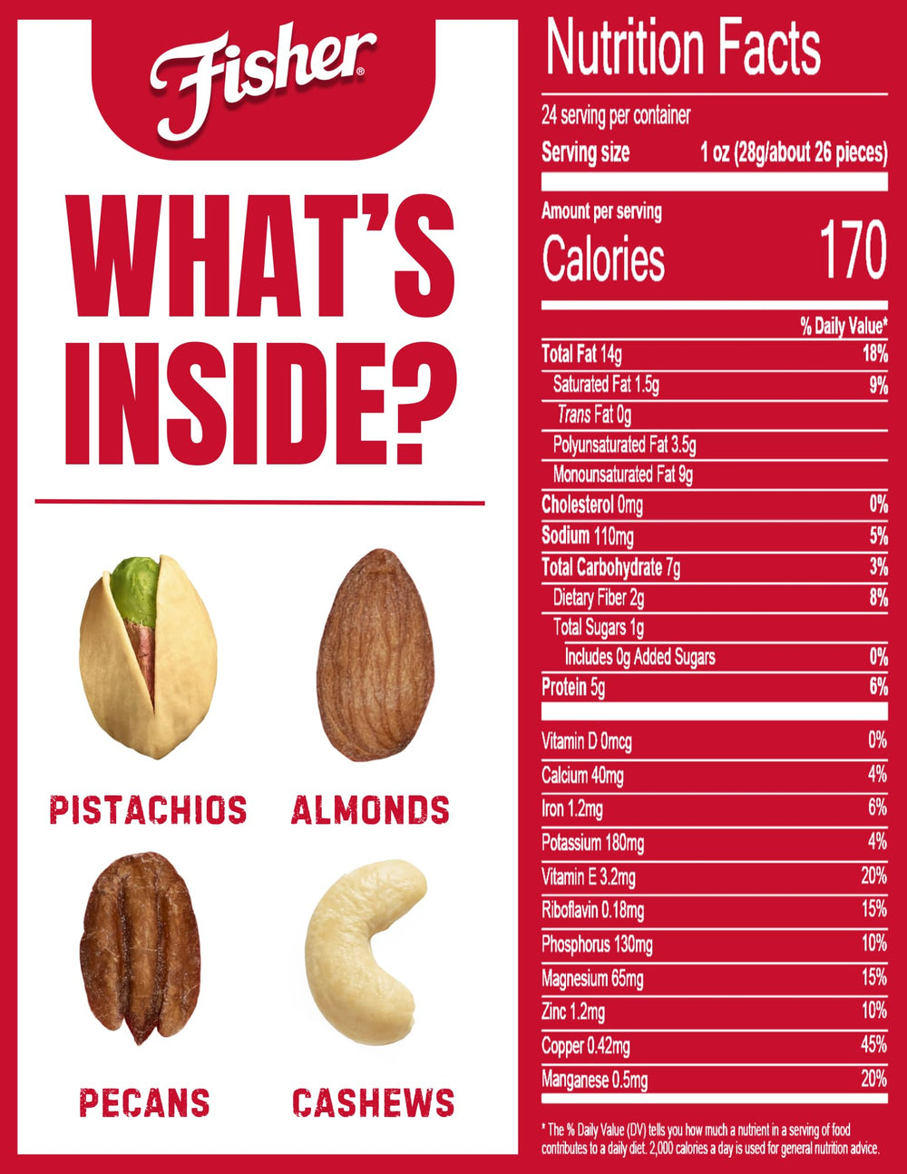 Fisher Deluxe Mixed Nuts close-up shows natural nuts with sea salt.