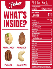 Fisher Deluxe Mixed Nuts close-up shows natural nuts with sea salt.
