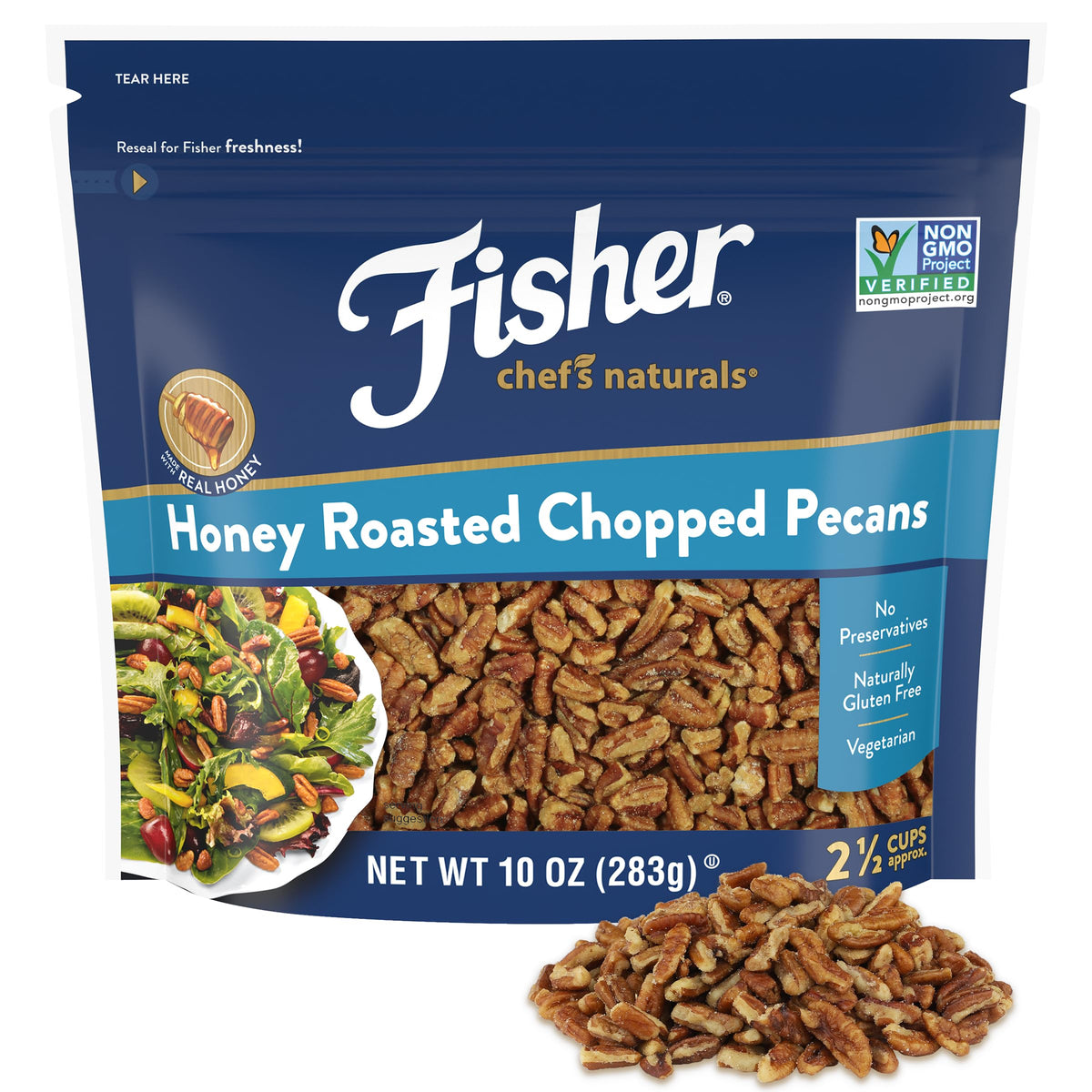 Fisher Honey Roasted Pecans bag with resealable lid preserves freshness for snacking.
