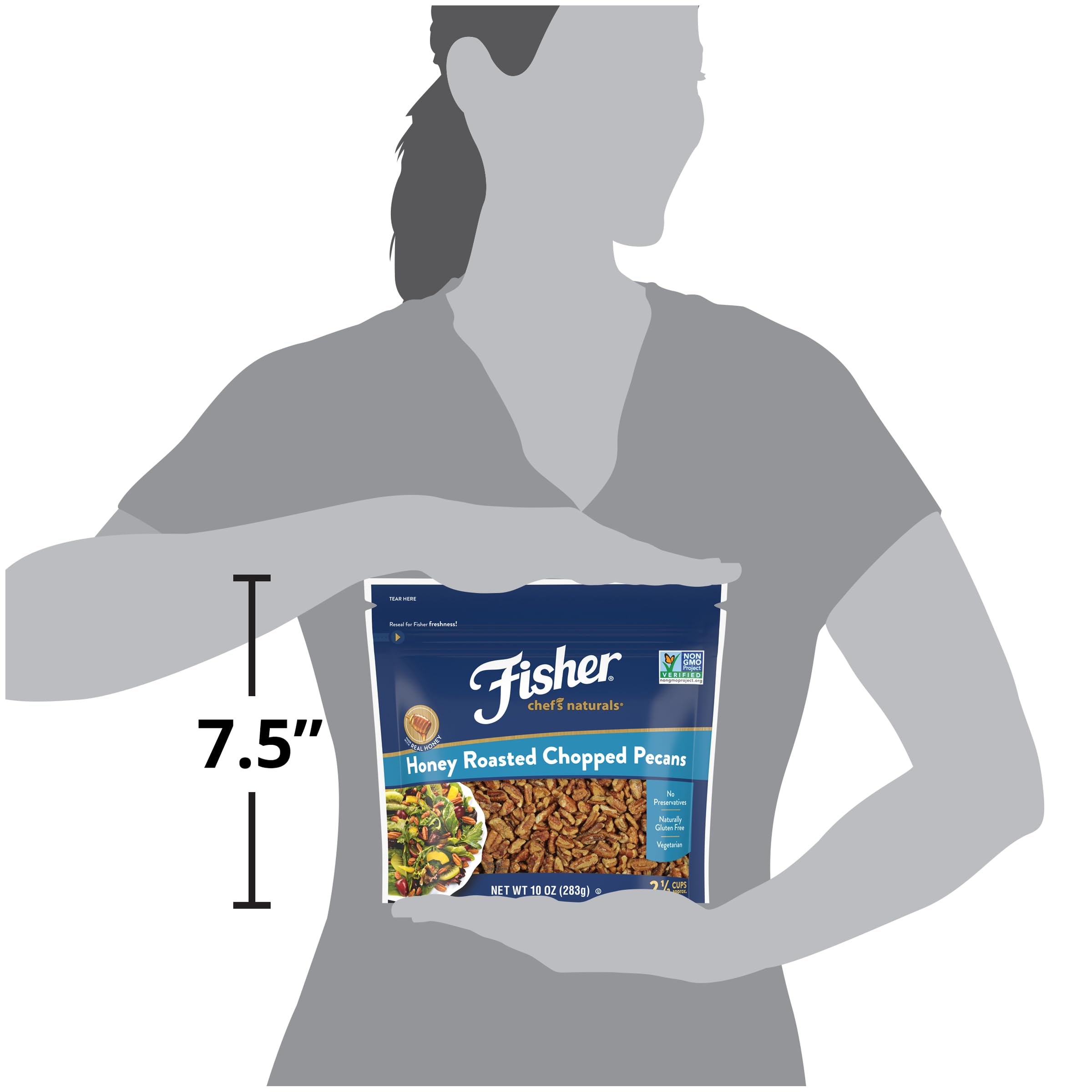 Fisher Honey Roasted Pecans closeup reveals roasted aroma and color.
