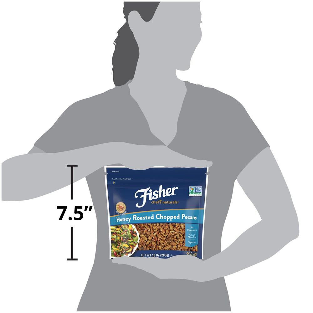 Fisher Honey Roasted Pecans closeup reveals roasted aroma and color.