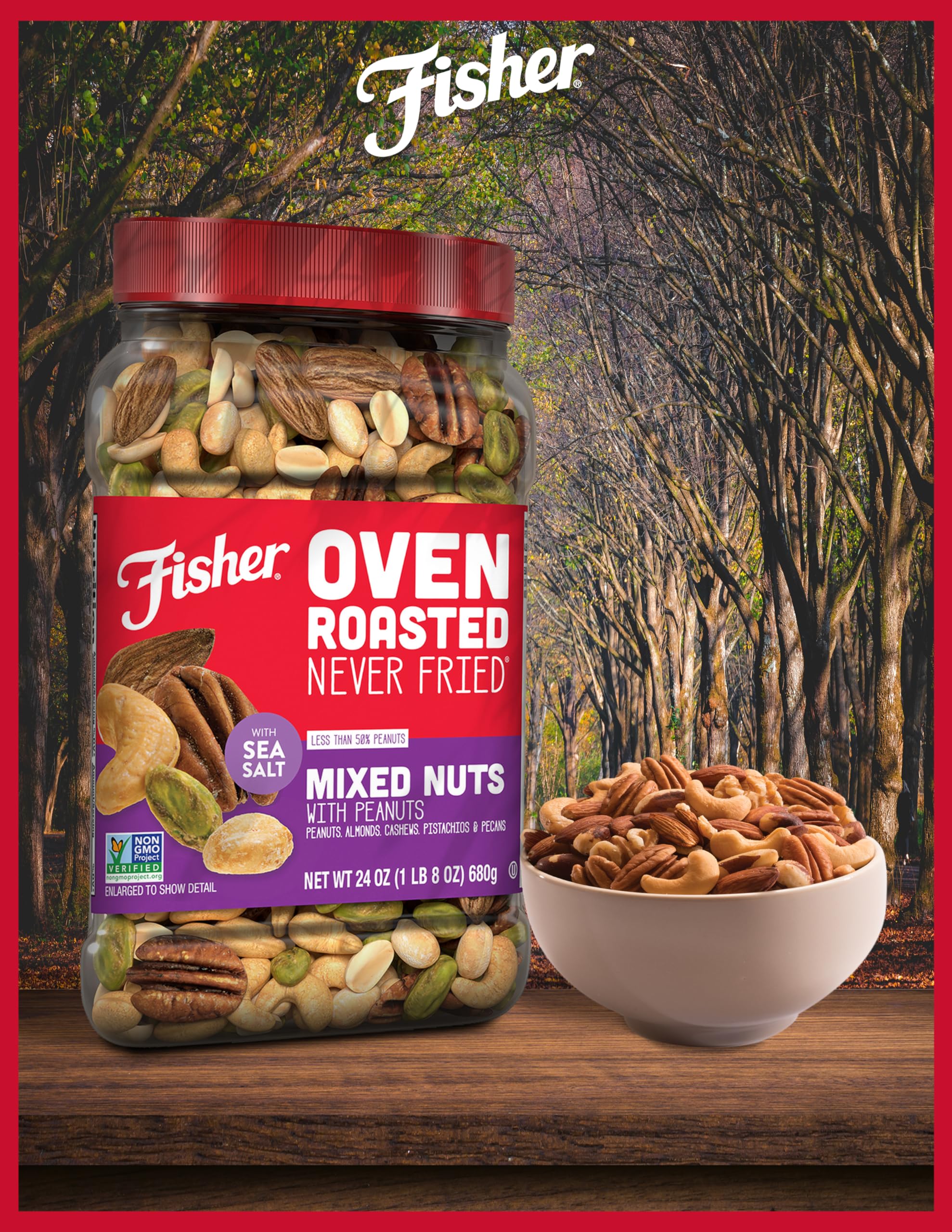 Fisher ingredients label shows nuts and sea salt only.