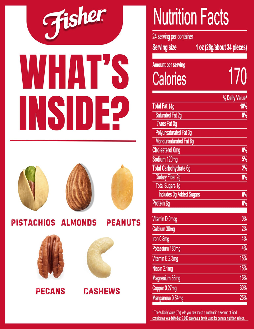 Fisher mixed nuts sea salt closeup highlighting simple ingredients and natural flavor.