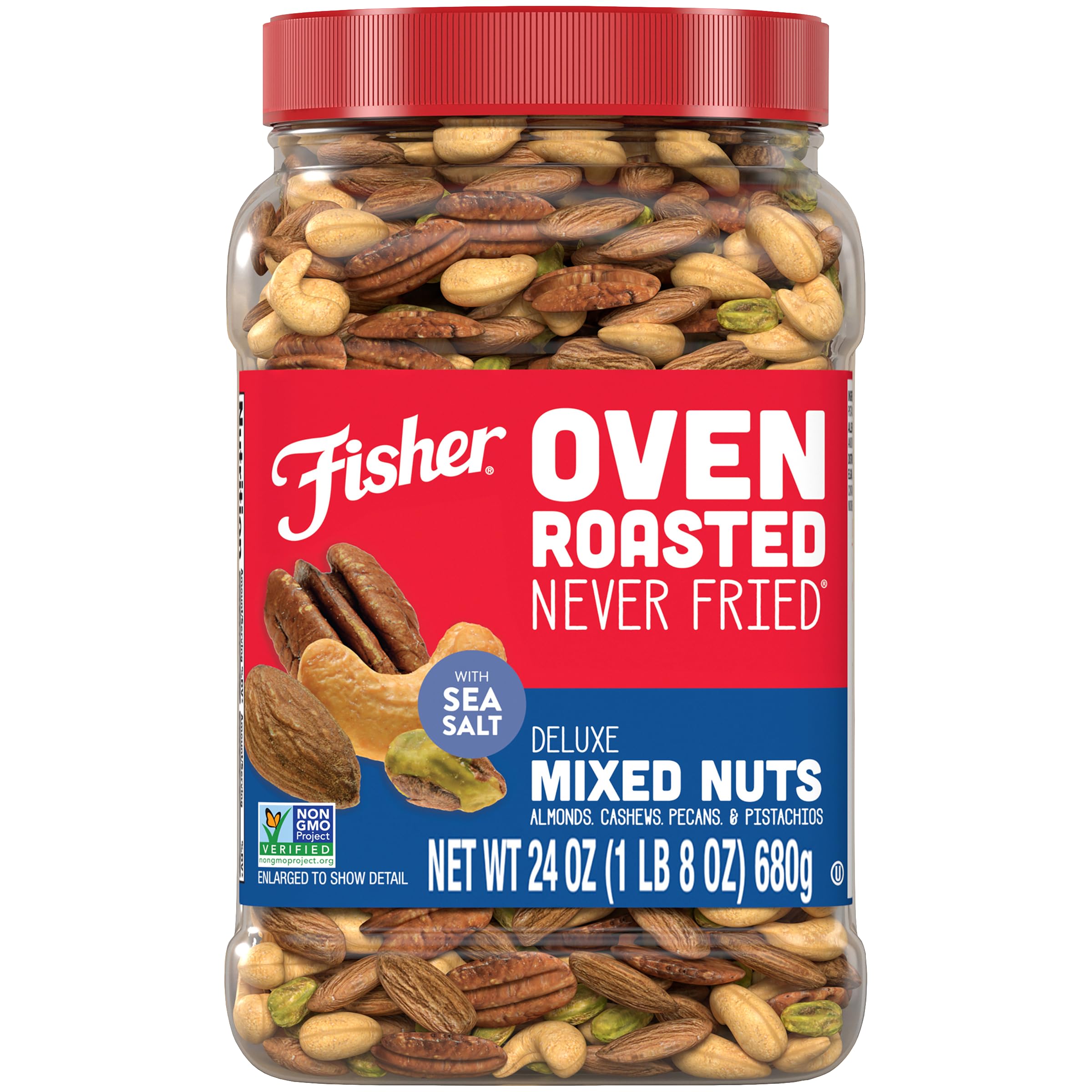 Fisher Oven Roasted Never Fried Deluxe Mixed Nuts canister for on-the-go snacking.