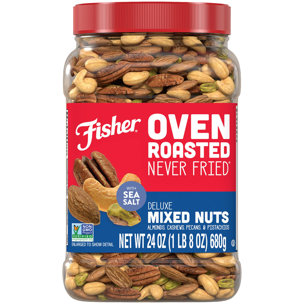 Fisher Oven Roasted Never Fried Deluxe Mixed Nuts canister for on-the-go snacking.