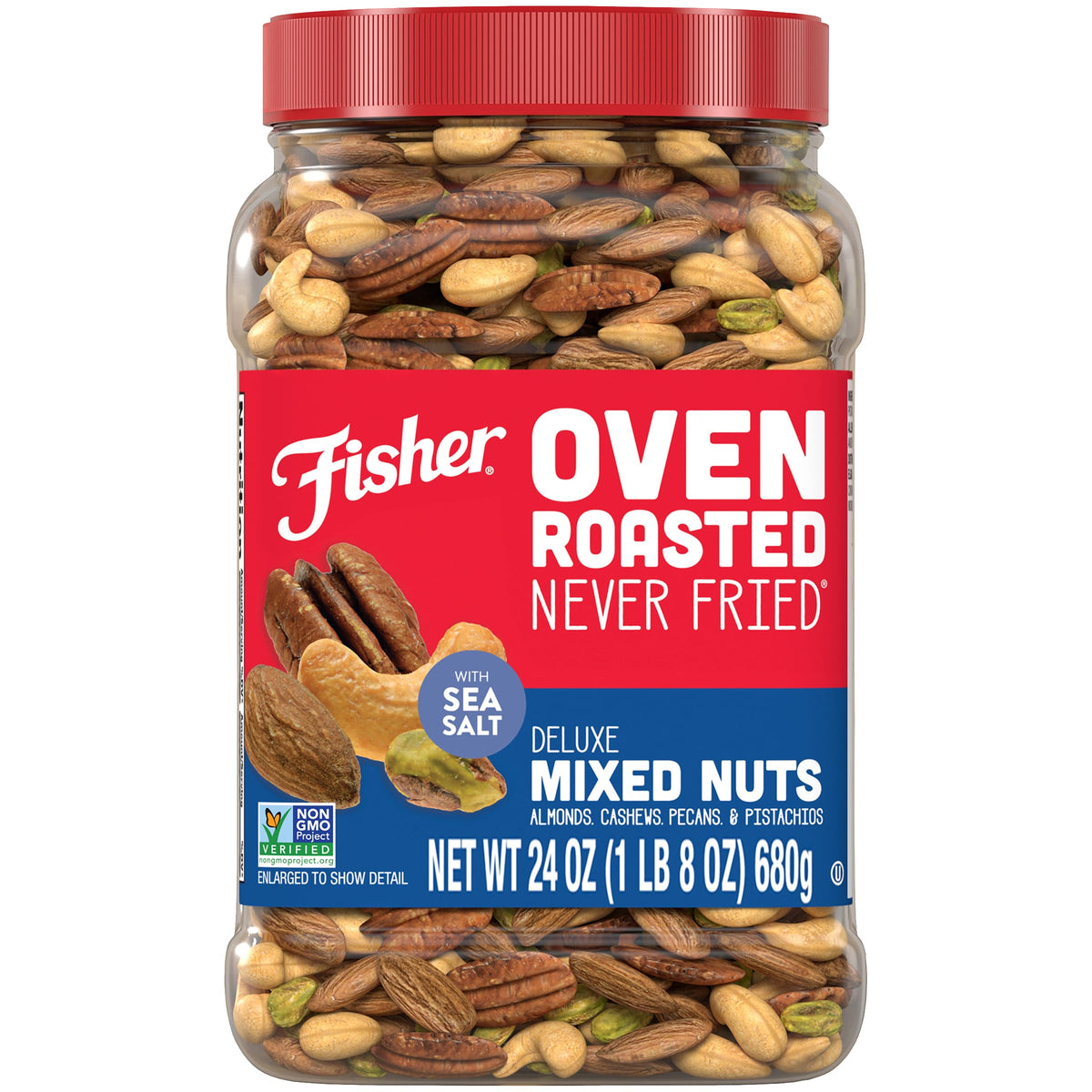 Fisher Oven Roasted Never Fried Deluxe Mixed Nuts canister for on-the-go snacking.
