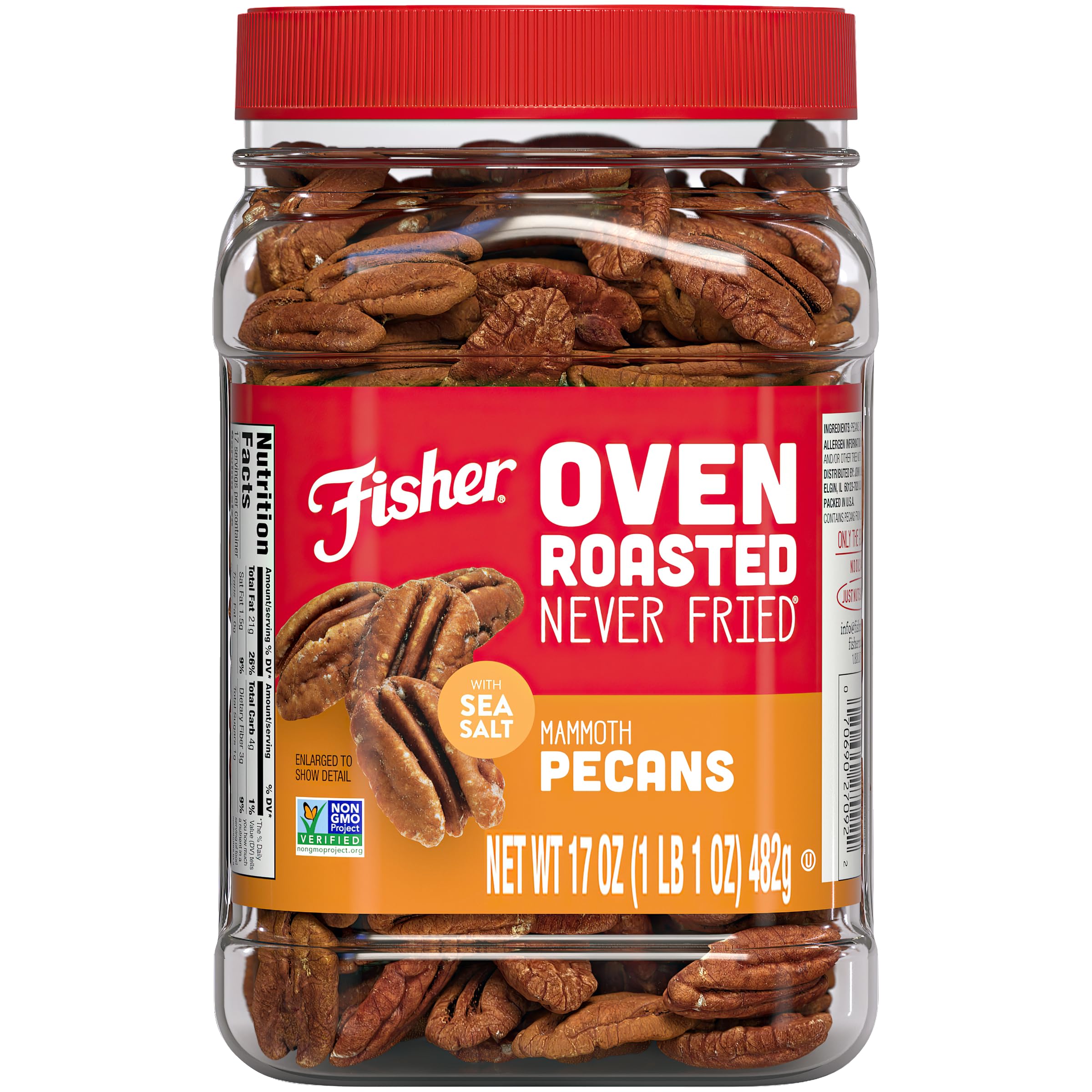 Fisher Oven Roasted Mammoth Pecans 17oz packaging showcases a convenient snack.