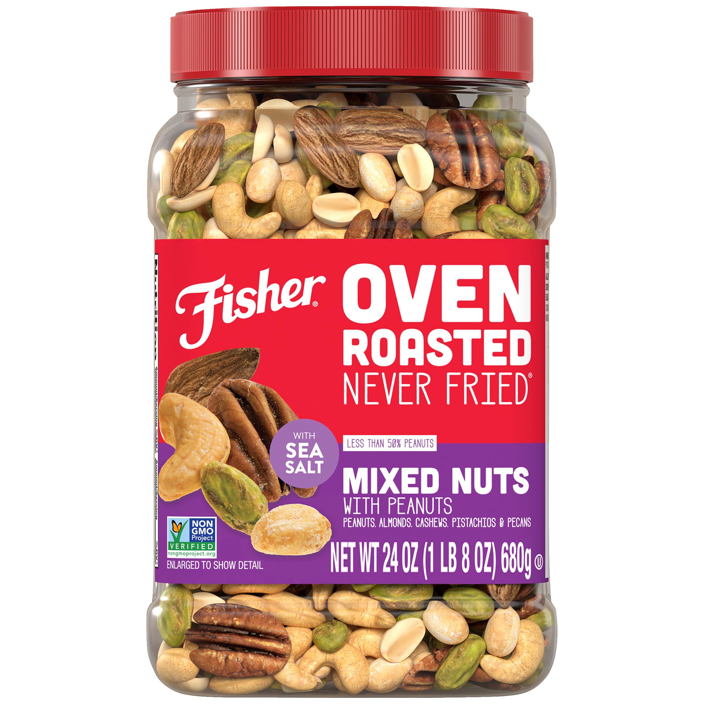 Fisher Oven Roasted Never Fried Mixed Nuts in a jar for convenient on-the-go snacking.