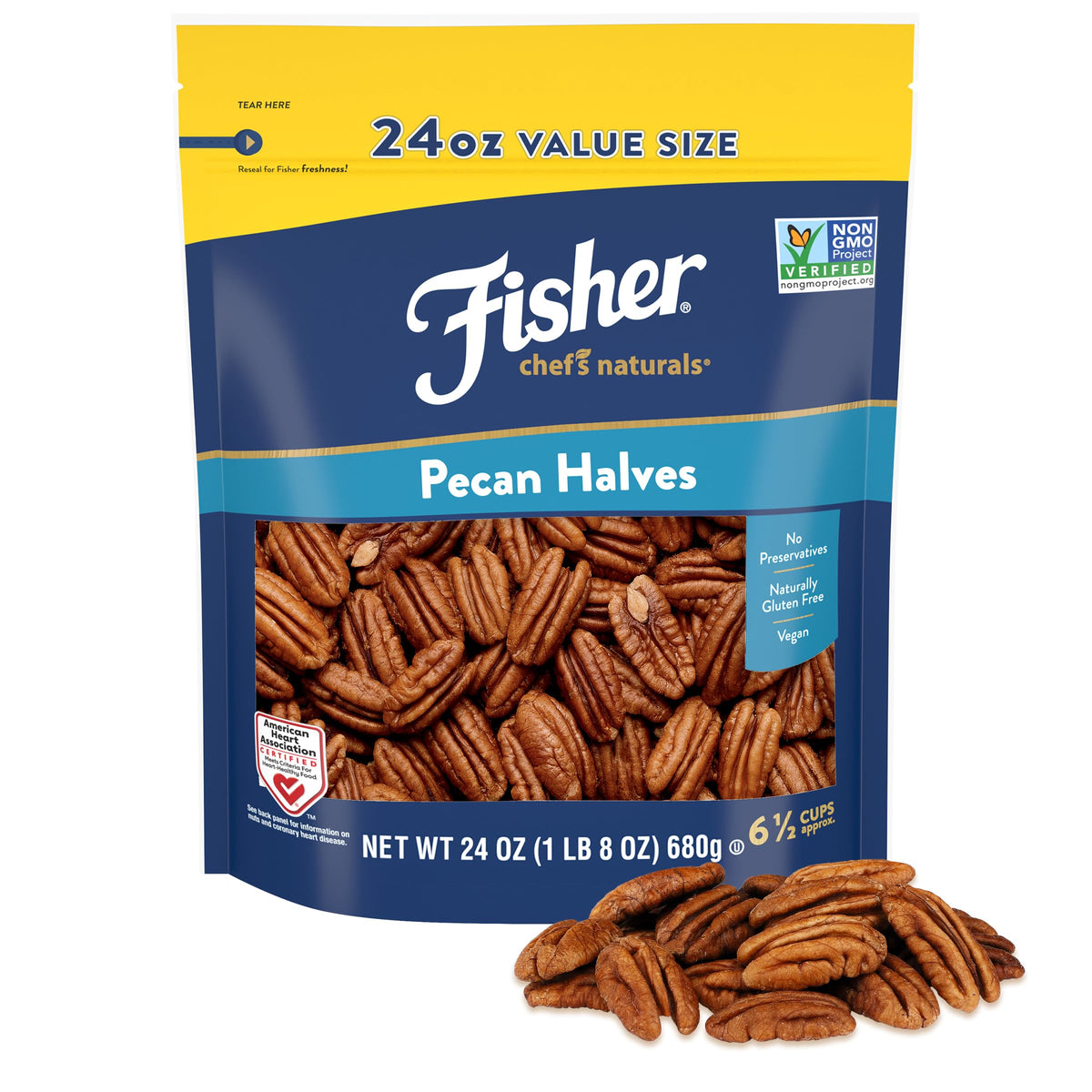 Fisher pecans bag front showing unsalted halves for baking and snacking.