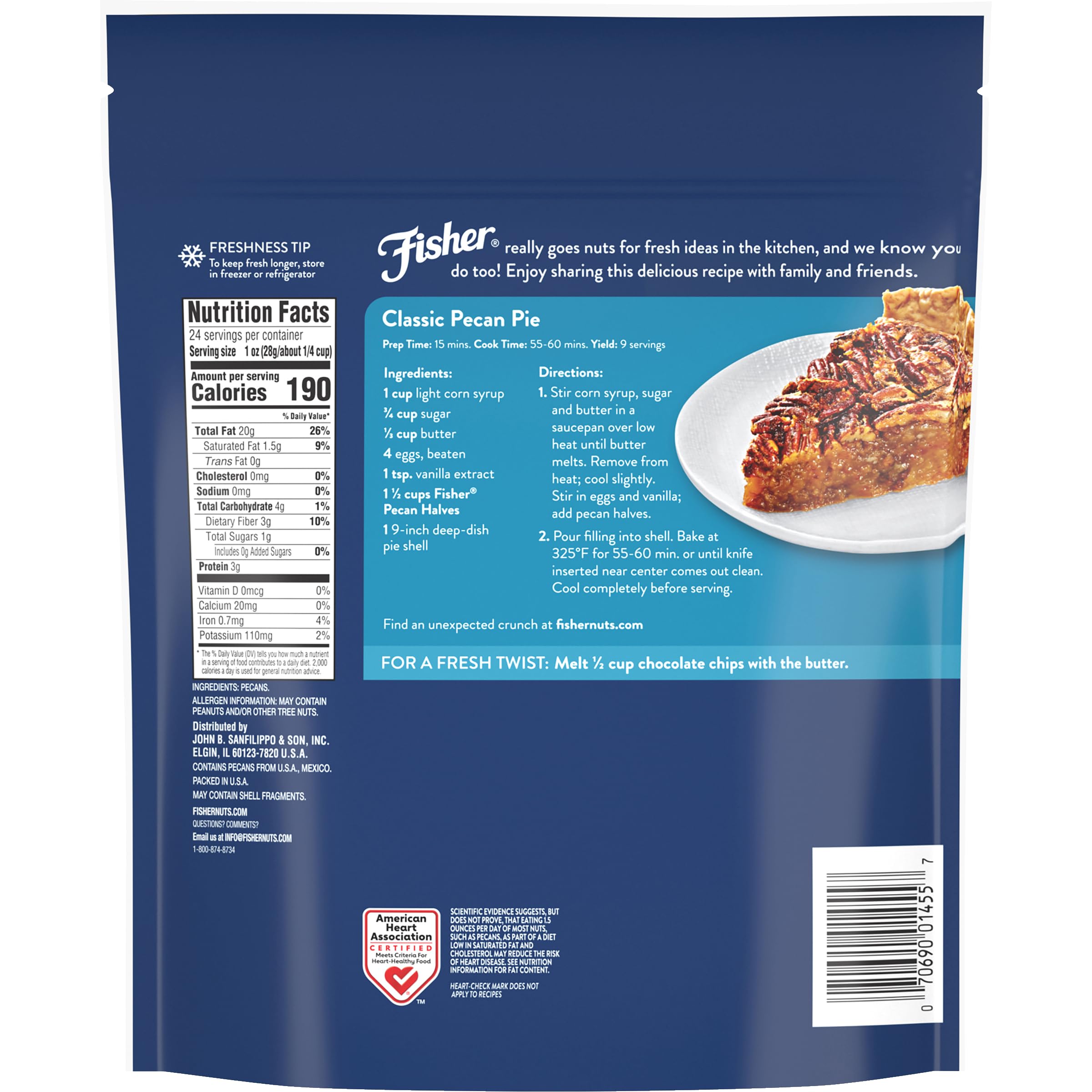 Fisher pecans freshness seal on resealable bag preserving flavor.