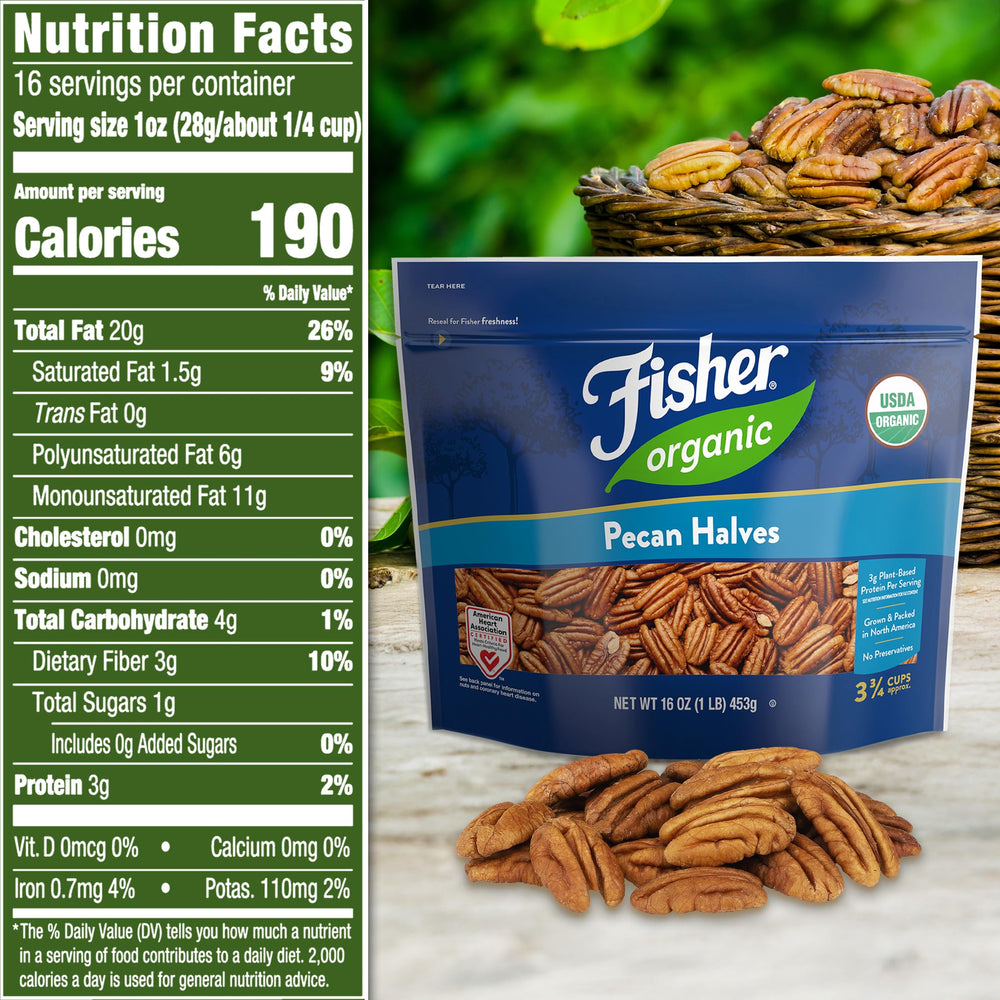 Close-up of Fisher Organic pecans halves showing rich, buttery flavor