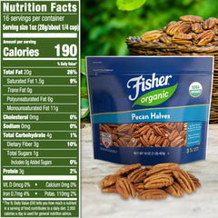 Close-up of Fisher Organic pecans halves showing rich, buttery flavor