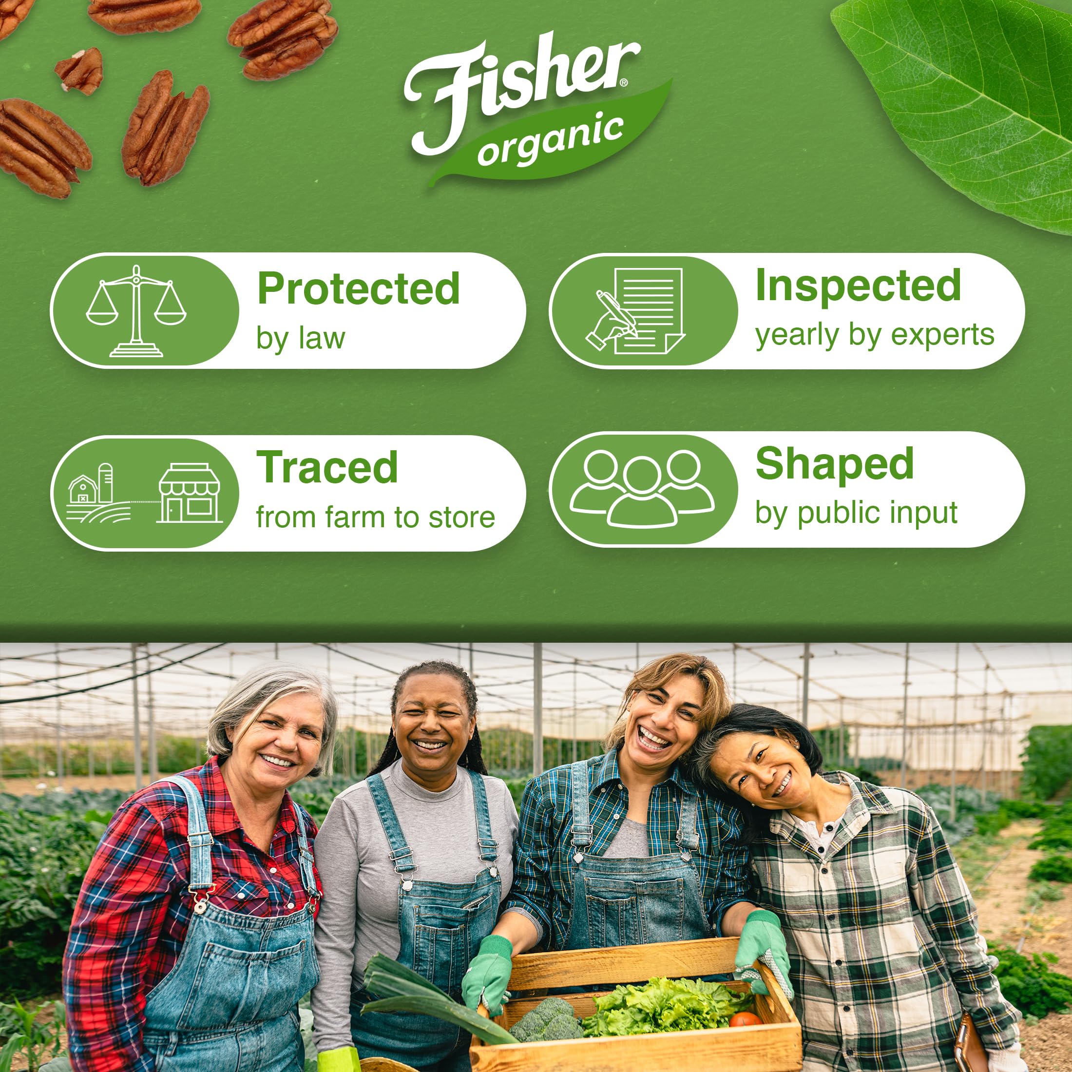 Non-GMO label on Fisher Organic Pecans Halves packaging