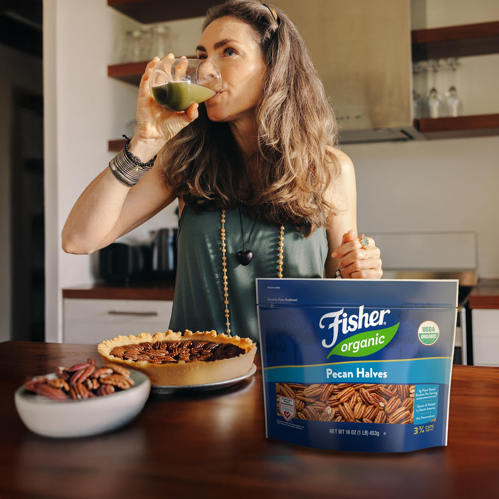 Fisher Unsalted pecans halves in a resealable pack for baking or snacking