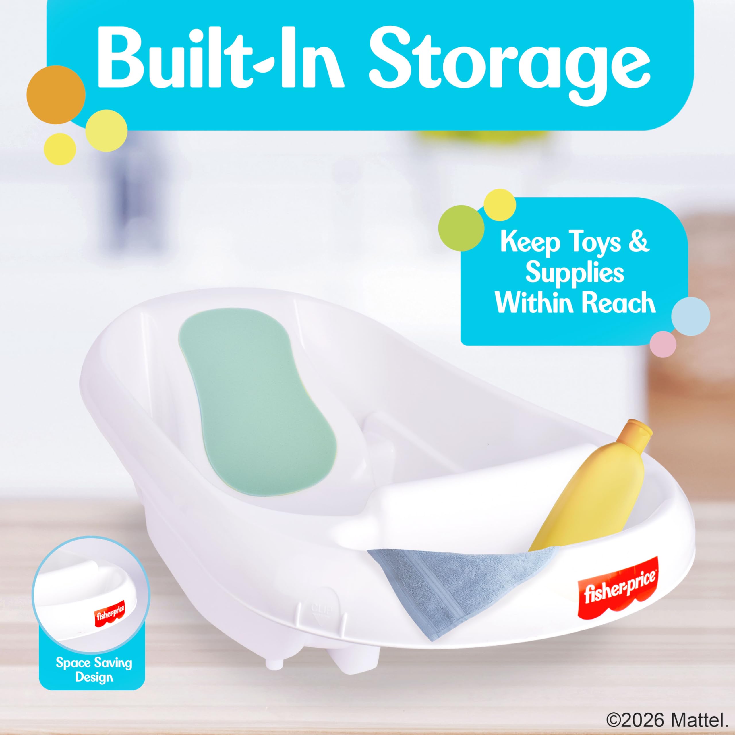 Fisher-Price bath tub with easy drain plug speeds cleanup after bath.
