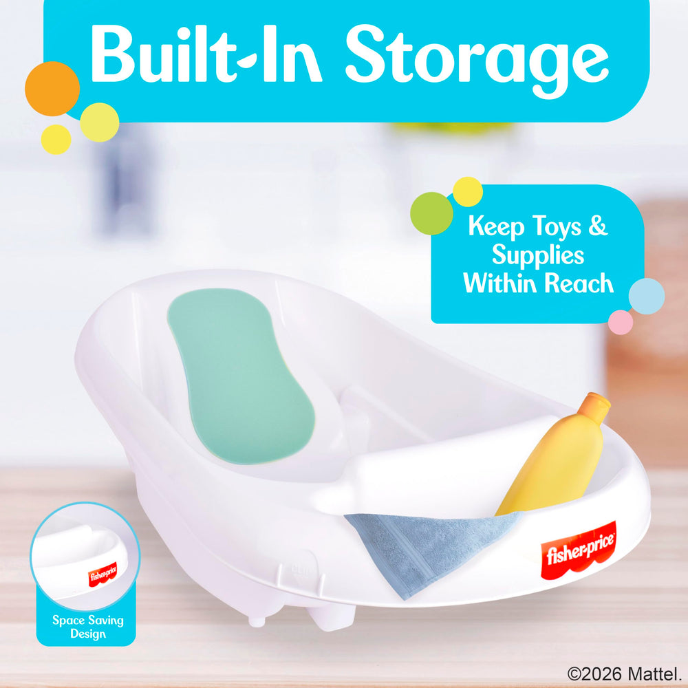 Fisher-Price bath tub with easy drain plug speeds cleanup after bath.