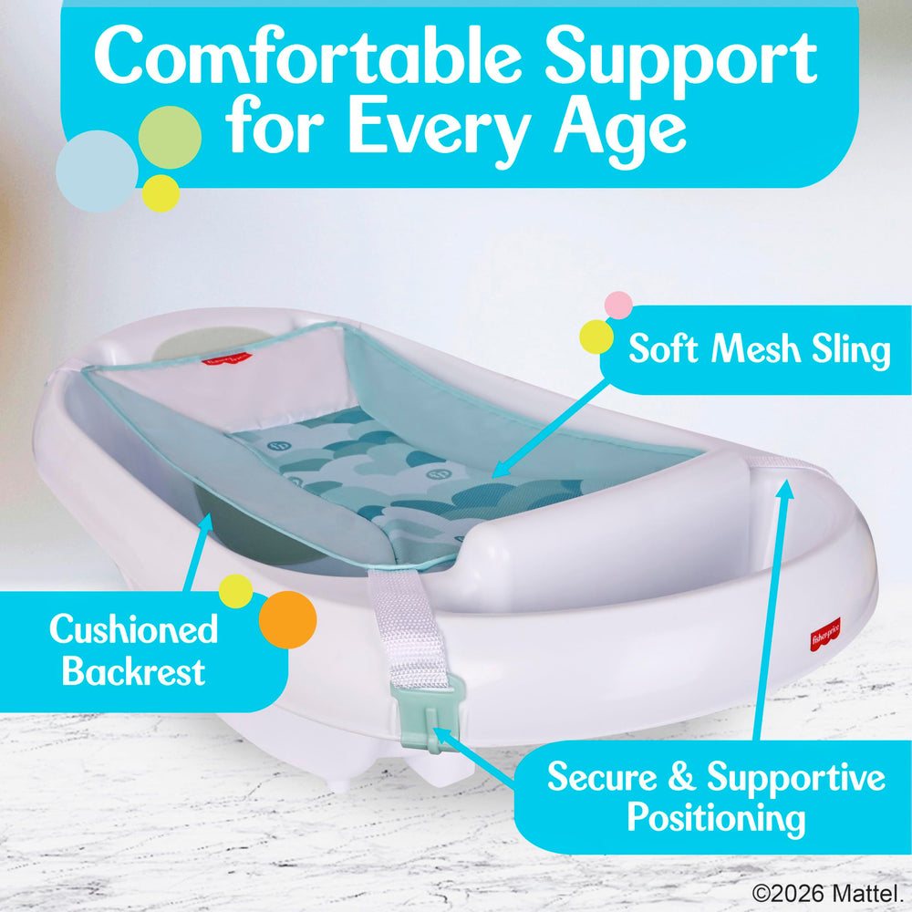 Fisher-Price bath tub reclining area provides infant comfort for bath time.
