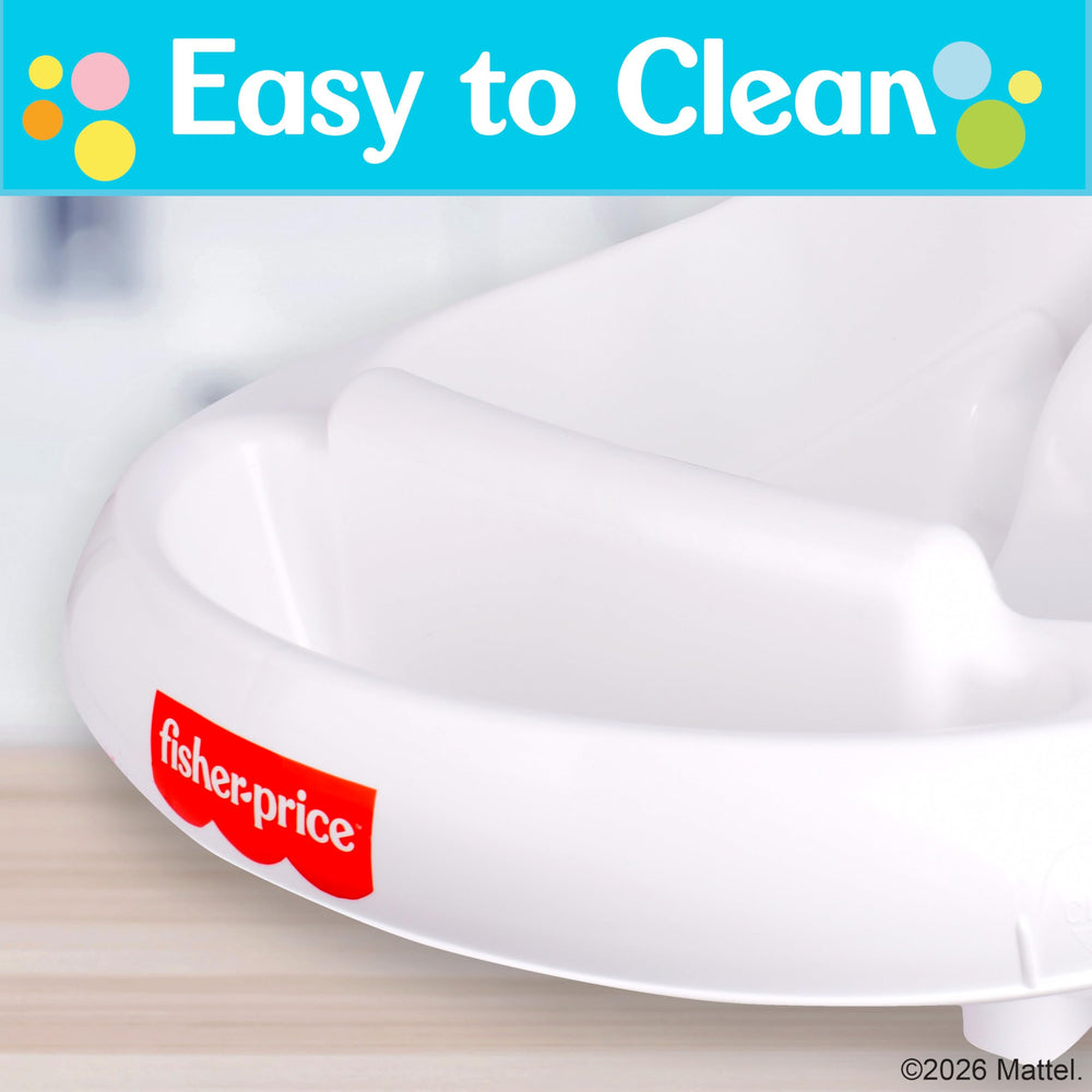 Fisher-Price tub fits in both single and double sinks for flexible setups.