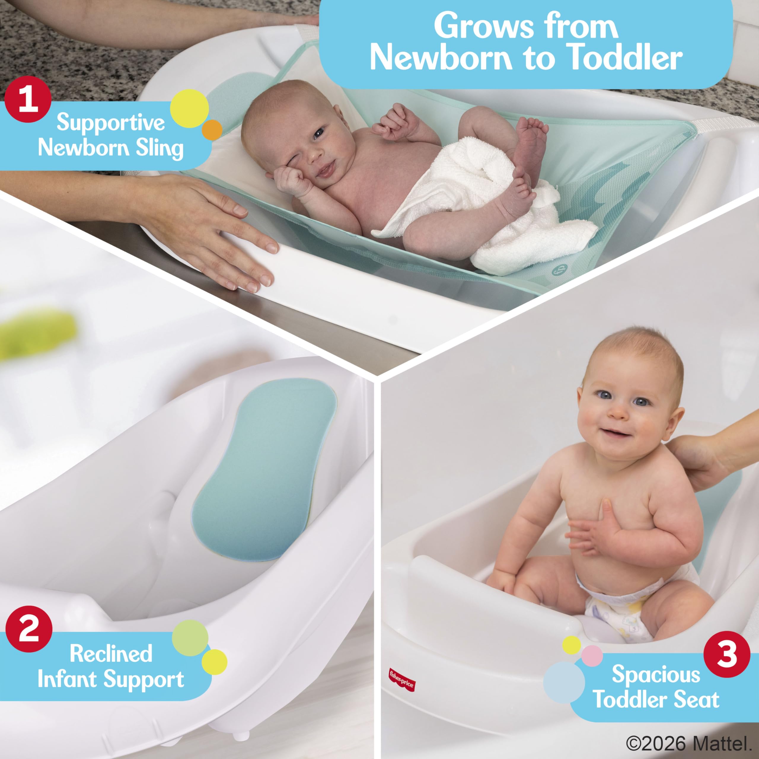 Fisher-Price tub offers space for toddlers to sit and splash safely.