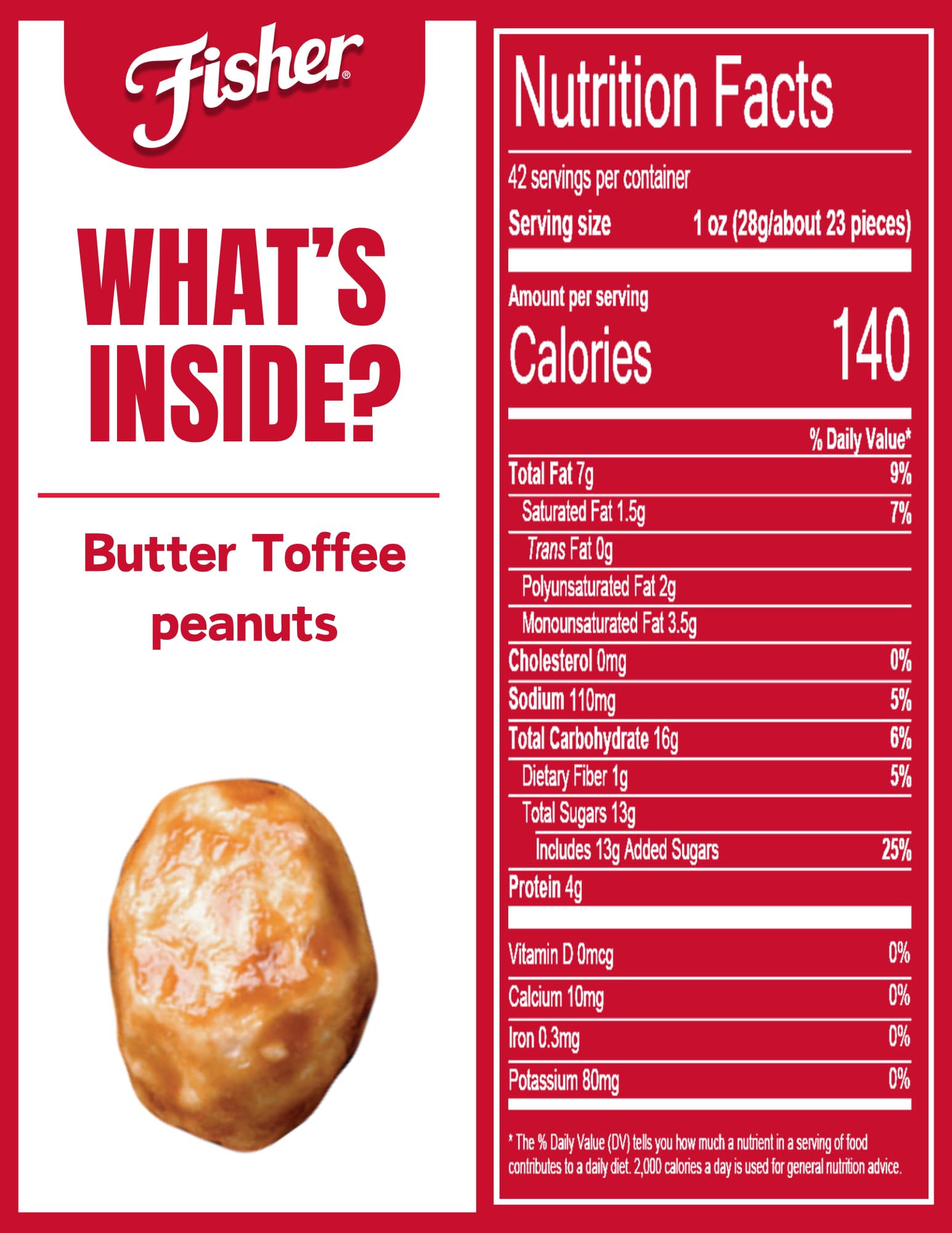 Fisher Butter Toffee Peanuts close-up reveals glossy coating and crunchy texture.