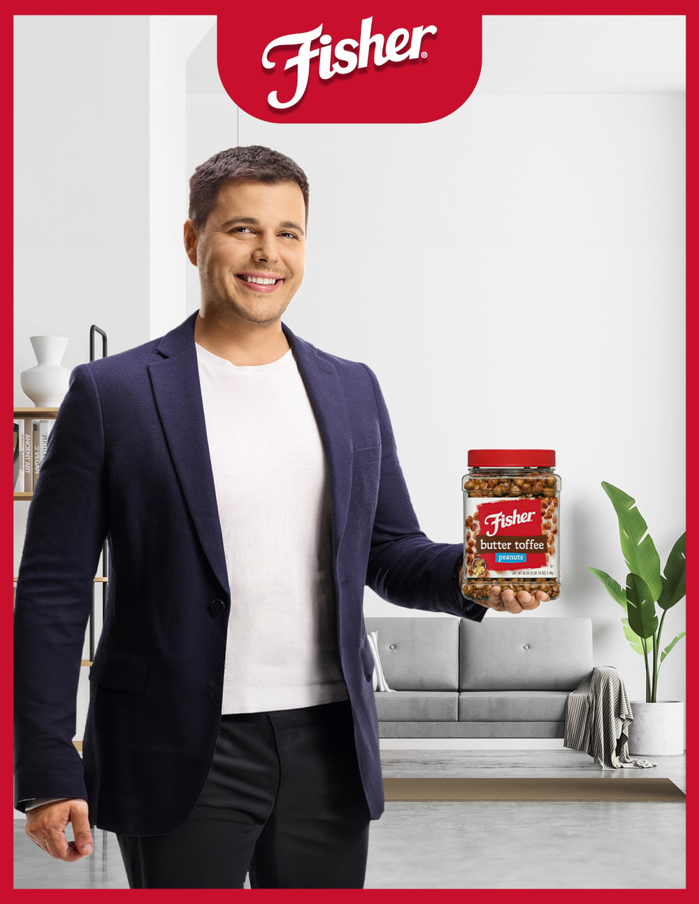 Fisher Snack Butter Toffee Peanuts packaging emphasizes recyclable canister and clear labeling.