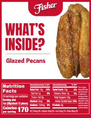 Fisher Snack Candied Pecans 24oz packaging highlights the recyclable can.