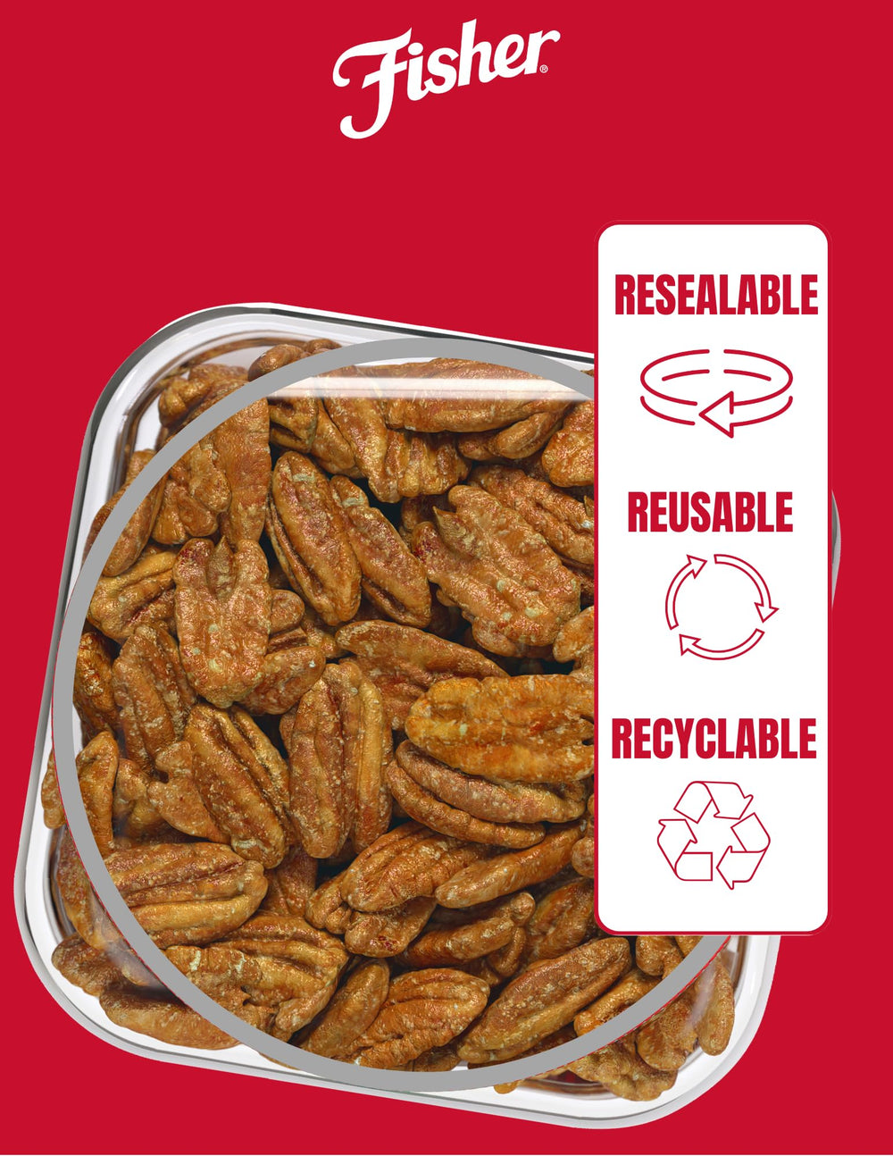Fisher Snack Candied Pecans premium glaze adds gourmet flavor.