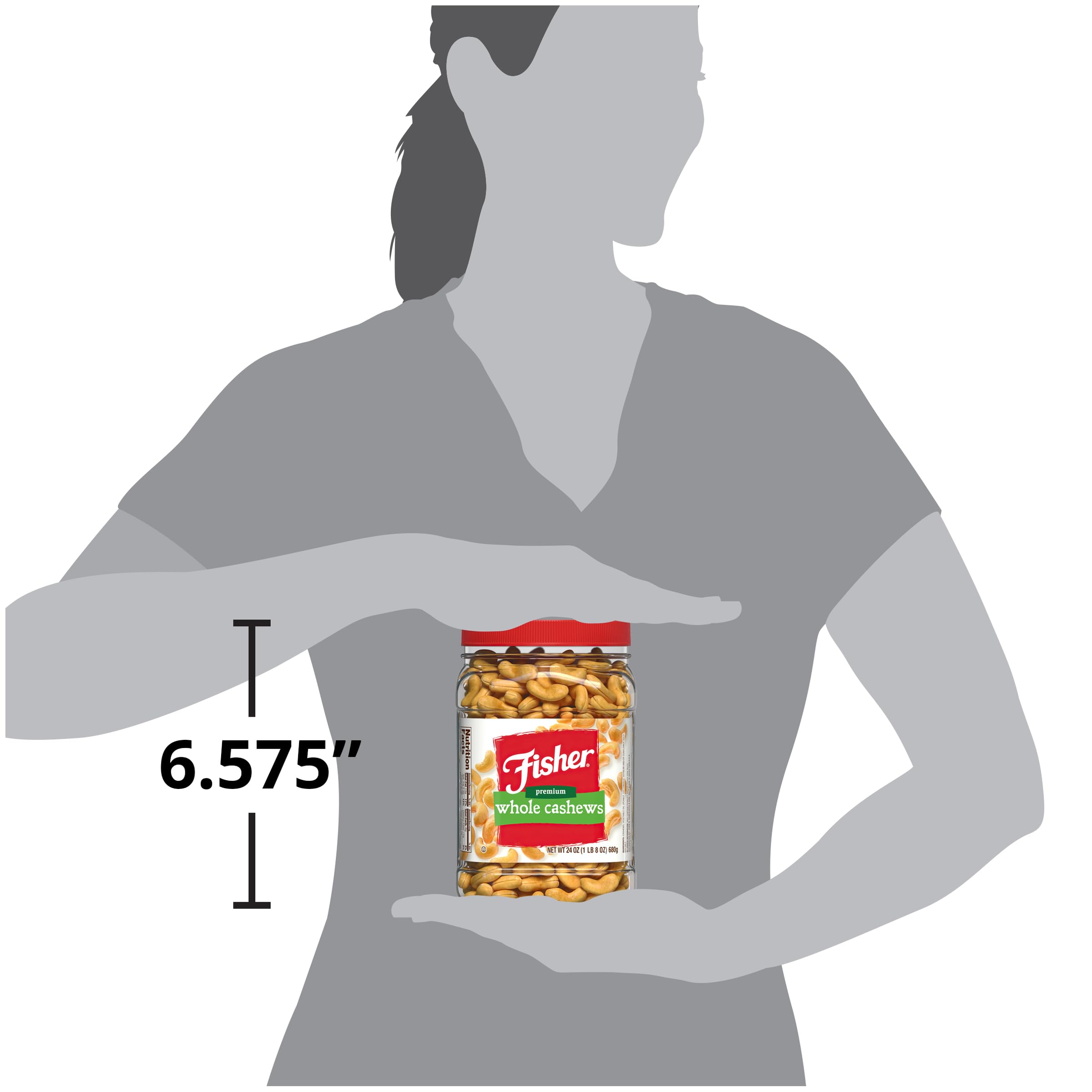 Fisher Snack Premium Whole Cashews on a kitchen counter, ready to snack.