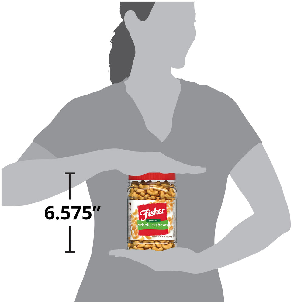Fisher Snack Premium Whole Cashews on a kitchen counter, ready to snack.