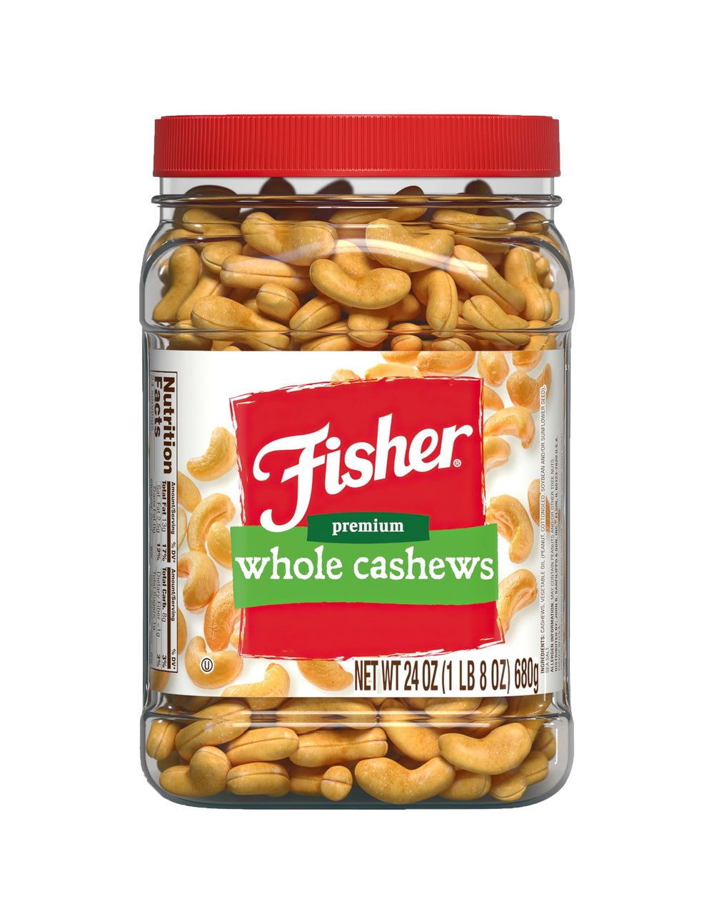 Fisher Snack Premium Whole Cashews in a reusable jar for convenient snacking.