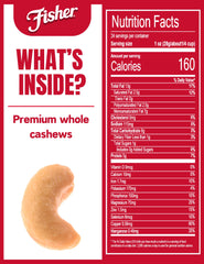 Fisher Snack Premium Whole Cashews roasted with sea salt, ready to enjoy.