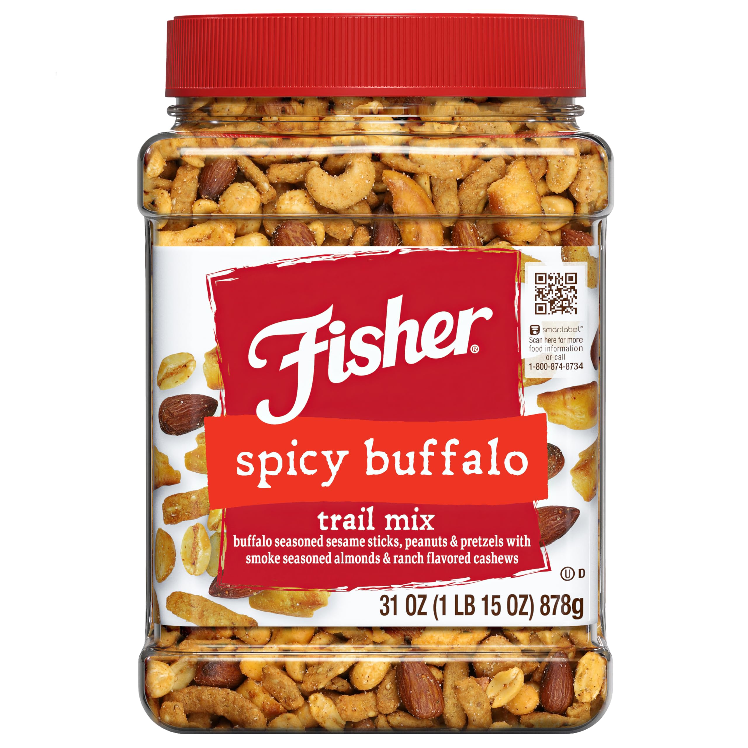 Fisher Spicy Buffalo Trail Mix jar shows bold flavor for gatherings