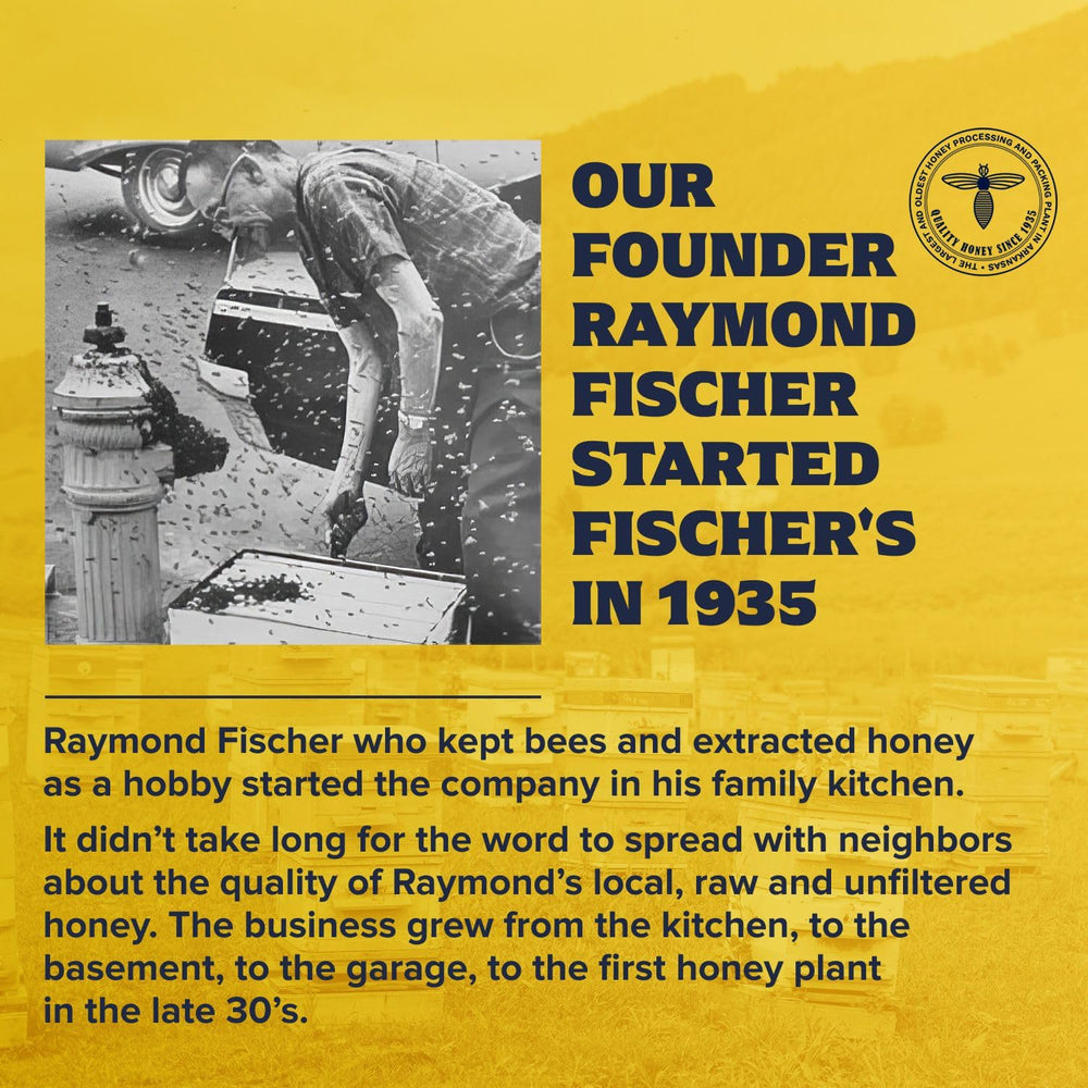 Fischer's Raw Unfiltered Honey pour captures natural texture and purity.