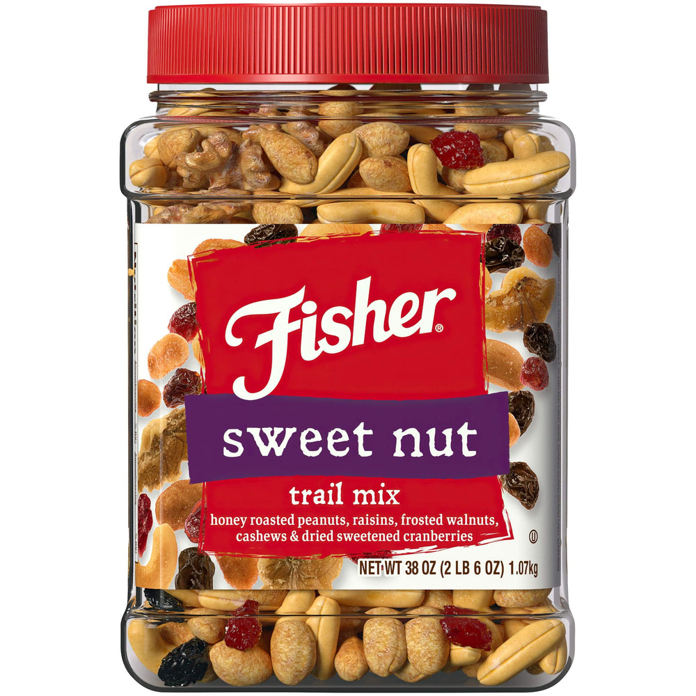 Fisher Chef's Naturals Sweet Nut Trail Mix in a 38 oz canister for convenient snacking
