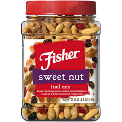 Fisher Chef's Naturals Sweet Nut Trail Mix in a 38 oz canister for convenient snacking