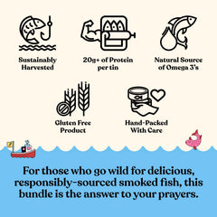 Hand-packed Fishwife tin in a Washington cannery setting, signaling care and ethics.