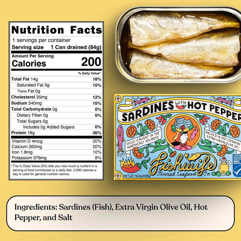 Fishwife Sardine Quad hand-packed tin in Spanish extra virgin olive oil.
