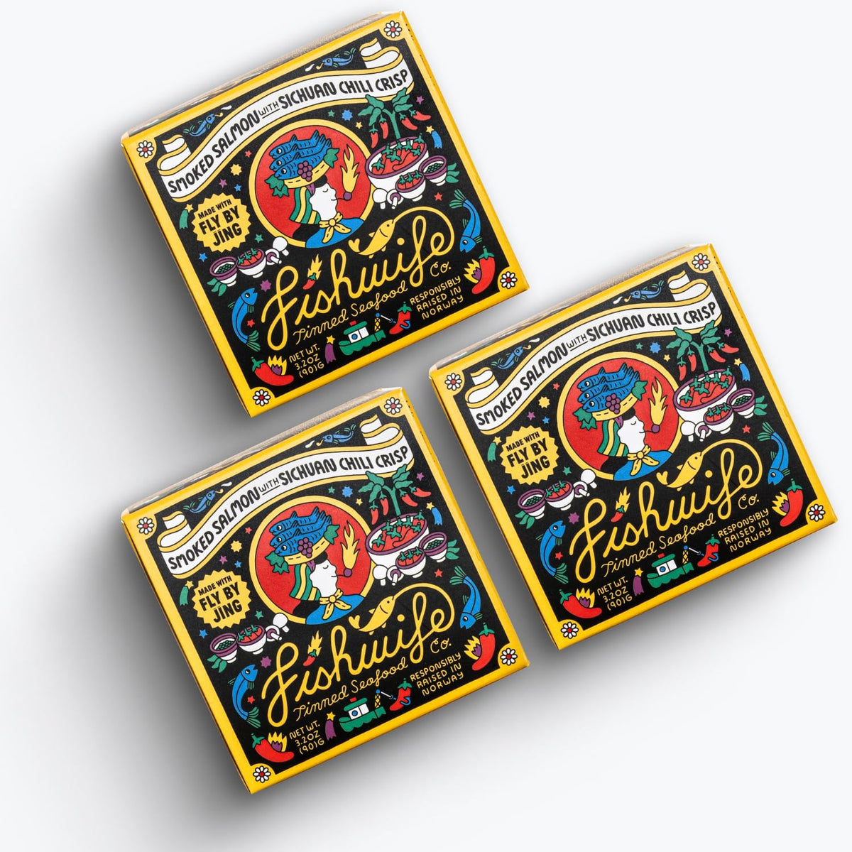 Fishwife smoked salmon can exterior paired with Fly By Jing flavors for quick meals.