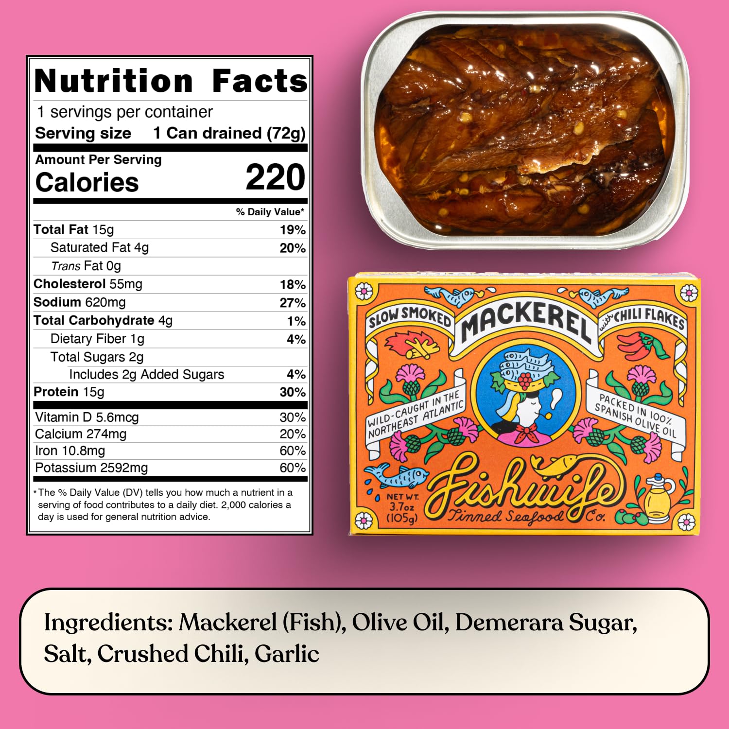 Glossy Fishwife tin lid with bold labeling for quick pantry access.